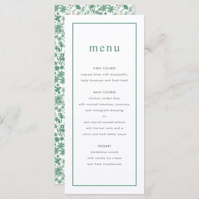Chic Green Ditzy Floral Mariage Menu (Devant / Derrière)