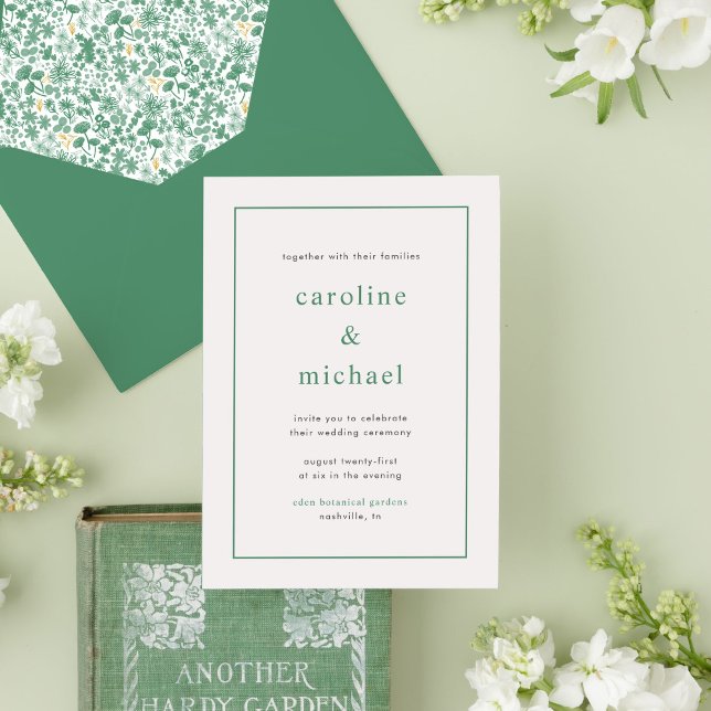 Chic Green Ditzy Floral Wedding Einladung (Green and white ditzy floral garden chic wedding invitation.)