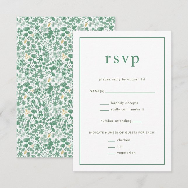 Chic Green Ditzy Floral Wedding RSVP Card (Vorne/Hinten)