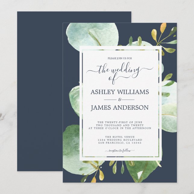 Chic Green Eucalyptus Navy Blue Botanical Wedding Einladung (Vorne/Hinten)