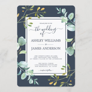 Chic Green Eucalyptus Navy Blue Botanical Wedding Einladung