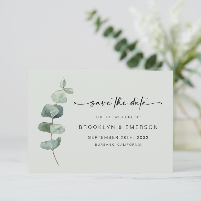 Chic Green Eucalyptus Wedding Save The Date (Stehend Vorderseite)