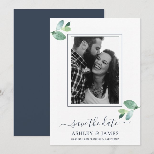 Chic Green Foliage Dark Blue Foto Save the Date Einladung (Vorne/Hinten)