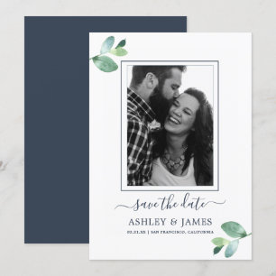 Chic Green Foliage Dark Blue Foto Save the Date Einladung