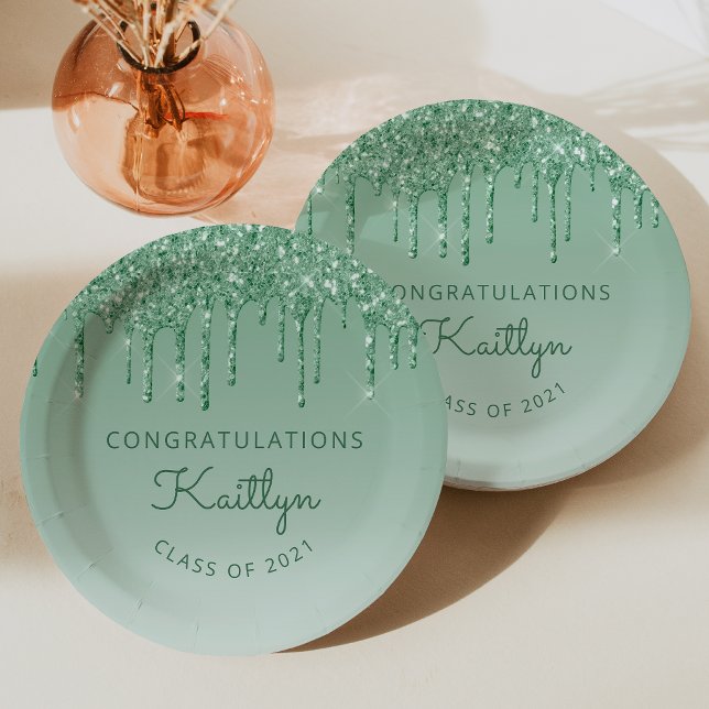 Chic Green Glitzer Tropfen Graduation Party Pappteller (Von Creator hochgeladen)