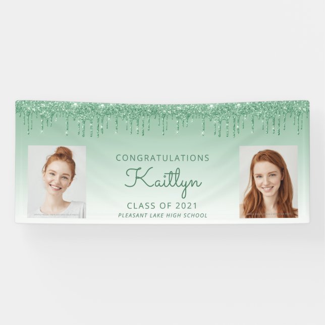 Chic Green Glitzer Tropfen Zwei Foto Abschluss Banner (Horizontal)