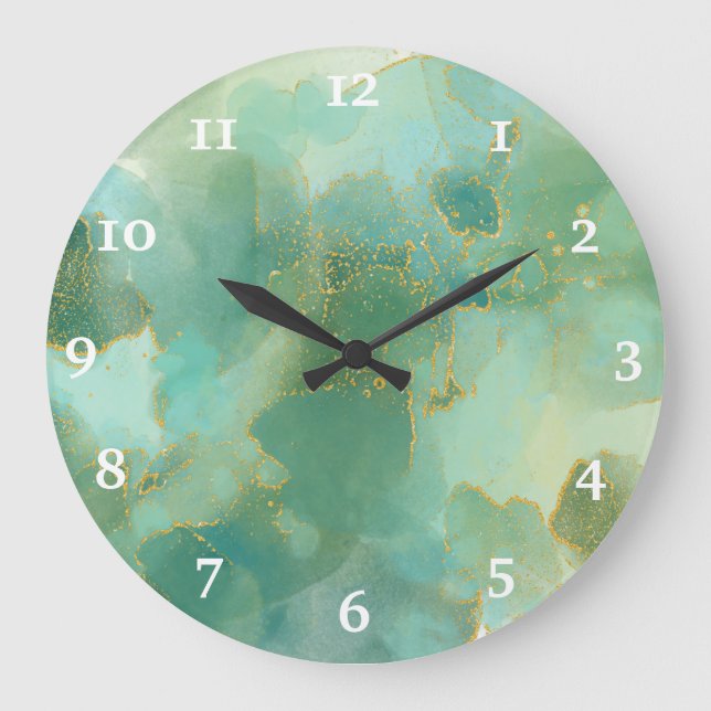 Chic Green Gold Alkohol Tinte Wasserfarbe Große Wanduhr (Vorderseite)