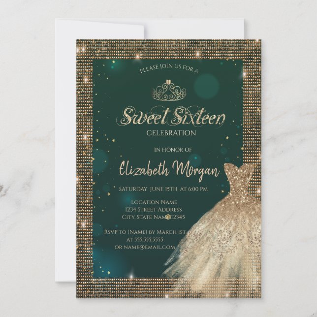 Chic Green Gold Dress Tiara, Diamonds Sweet 16 Einladung (Vorderseite)