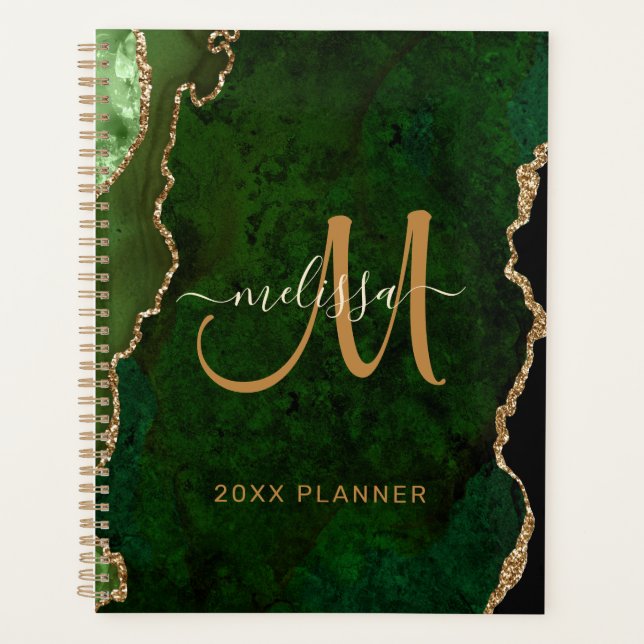 Chic Green Gold Glitzer Agate Custom Monogram 2024 Planer (Vorderseite)