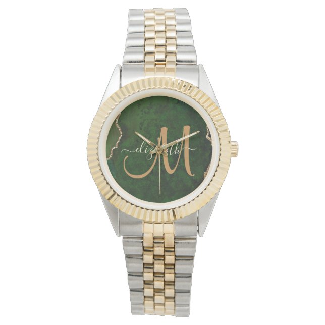 Chic Green Gold Glitzer Agate Custom Monogram Armbanduhr (Vorderseite)