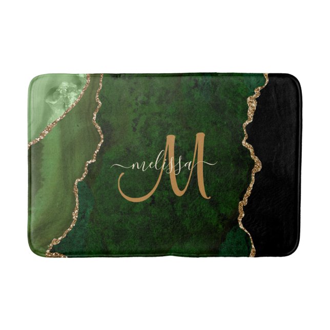 Chic Green Gold Glitzer Agate Custom Monogram Badematte (Vorderseite)