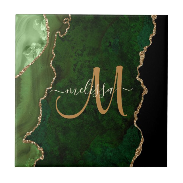 Chic Green Gold Glitzer Agate Custom Monogram Fliese (Vorderseite)