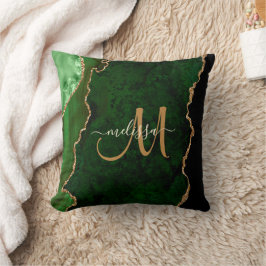 Chic Green Gold Glitzer Agate Custom Monogram Kissen