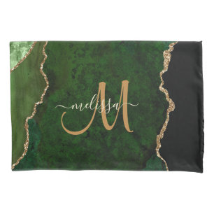 Chic Green Gold Glitzer Agate Custom Monogram Kissenbezug