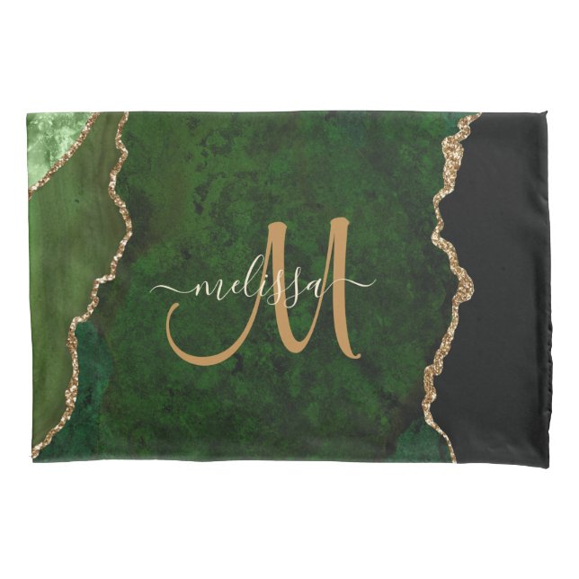 Chic Green Gold Glitzer Agate Custom Monogram Kissenbezug (Vorderseite)