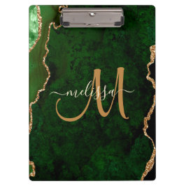 Chic Green Gold Glitzer Agate Custom Monogram Klemmbrett