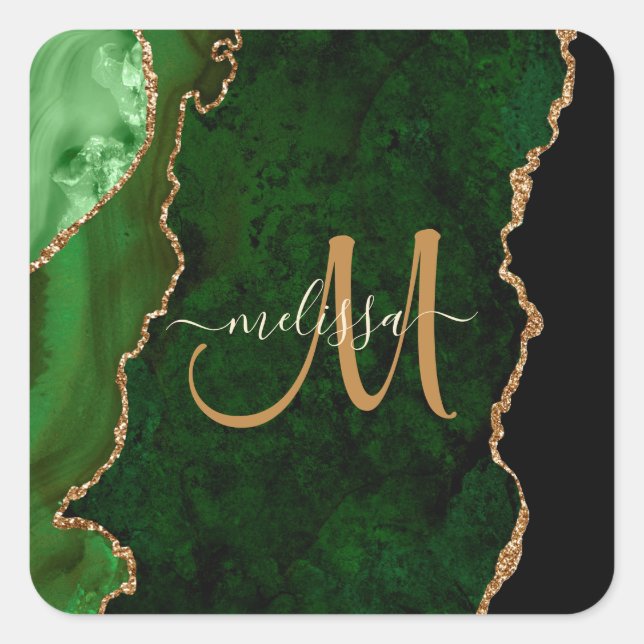 Chic Green Gold Glitzer Agate Custom Monogram Quadratischer Aufkleber (Vorderseite)