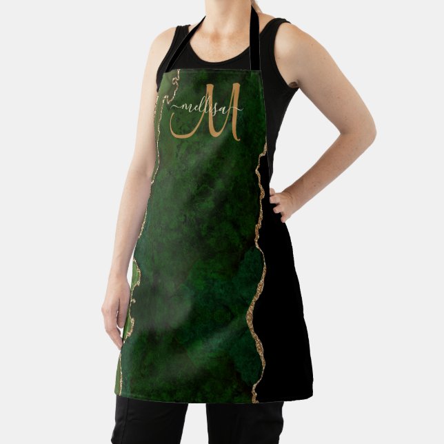 Chic Green Gold Glitzer Agate Custom Monogram Schürze (InSitu)