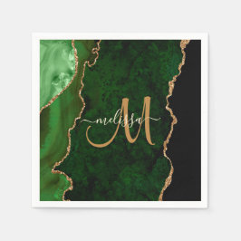 Chic Green Gold Glitzer Agate Custom Monogram Serviette