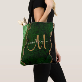 Chic Green Gold Glitzer Agate Custom Monogram Tasche