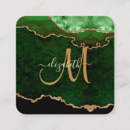 Chic Green Gold Glitzer Agate Script Monogram Quadratische Visitenkarte