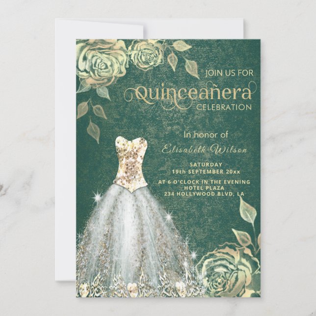 Chic green Gold Rose trendy Kleid Quinceañera Einladung (Vorderseite)