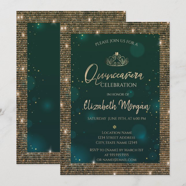 Chic Green Gold Tiara, Sequins Green Quinceañera Einladung (Vorne/Hinten)
