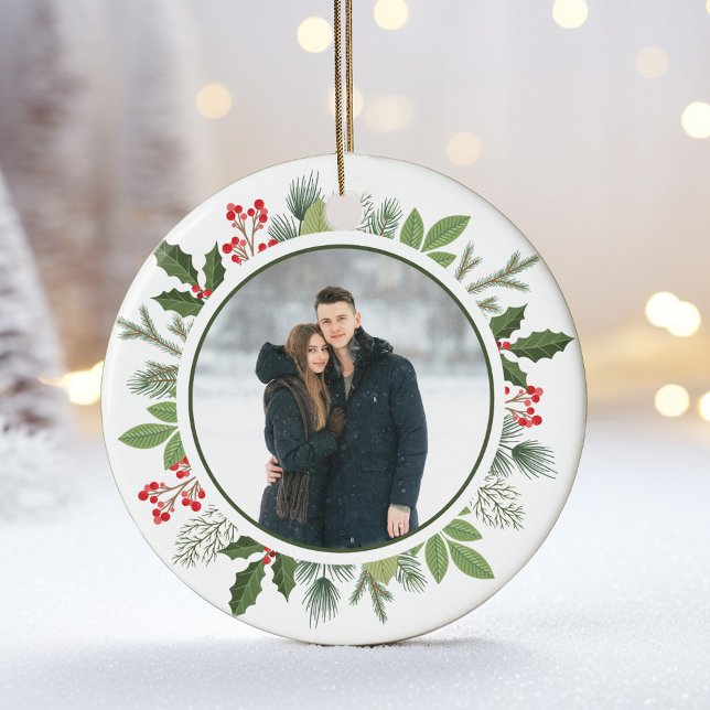 Chic Green Holly Weihnachtskranz 2 Side Foto Keramik Ornament (Von Creator hochgeladen)