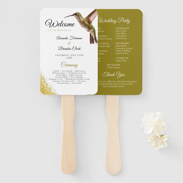 Chic Green Hummingbird and Gold Dust Wedding Fächer (Vorne und Hinten)