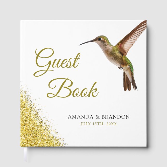 Chic Green Hummingbird and Gold Dust Wedding Gästebuch (Vorderseite)