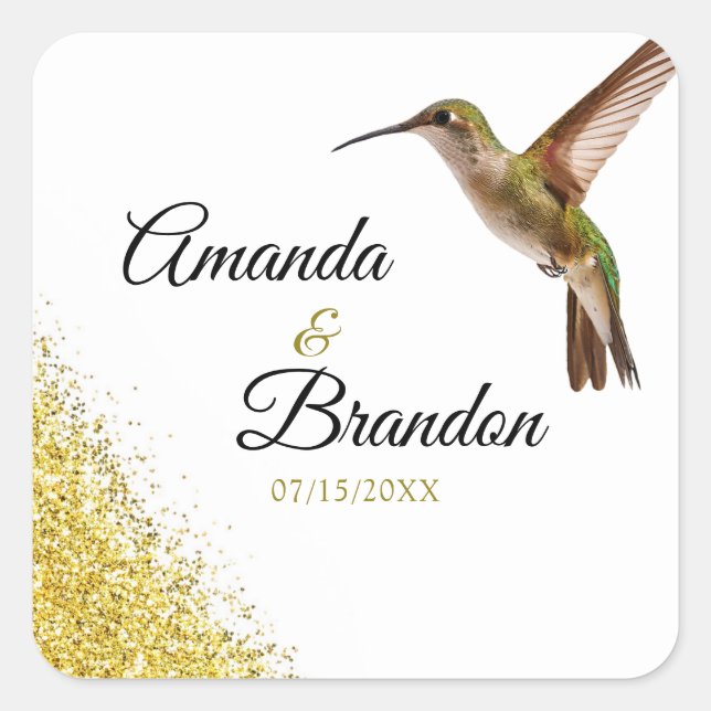 Chic Green Hummingbird and Gold Dust Wedding Quadratischer Aufkleber (Vorderseite)
