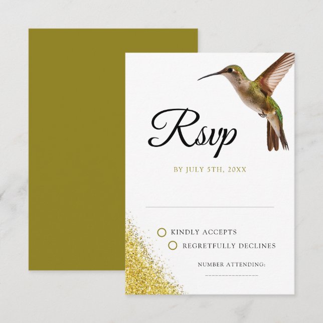 Chic Green Hummingbird and Gold Dust Wedding RSVP Karte (Vorne/Hinten)