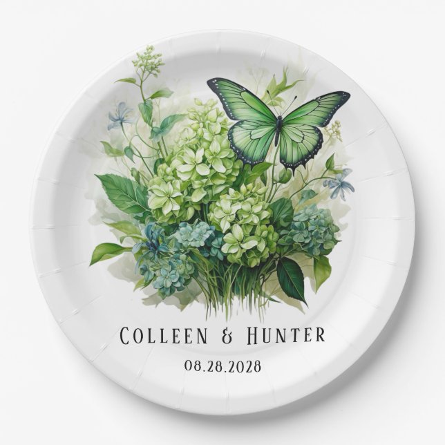 Chic Green Hydrangea Floral Butterfly Wedding Pappteller (Vorderseite)