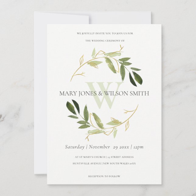 CHIC GREEN IMITATS GOLD FOLIAGE WREATH WEDING INVI DANKESKARTE (Vorderseite)