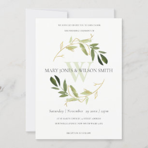 CHIC GREEN IMITATS GOLD FOLIAGE WREATH WEDING INVI DANKESKARTE
