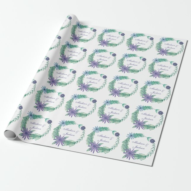 Chic Green Lila Floral Personalisiert Wedding Geschenkpapier (Ungerollt)