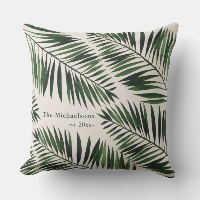 Chic Green Palm Blätter auf natürliche Farbe Kissen (Vorderseite)