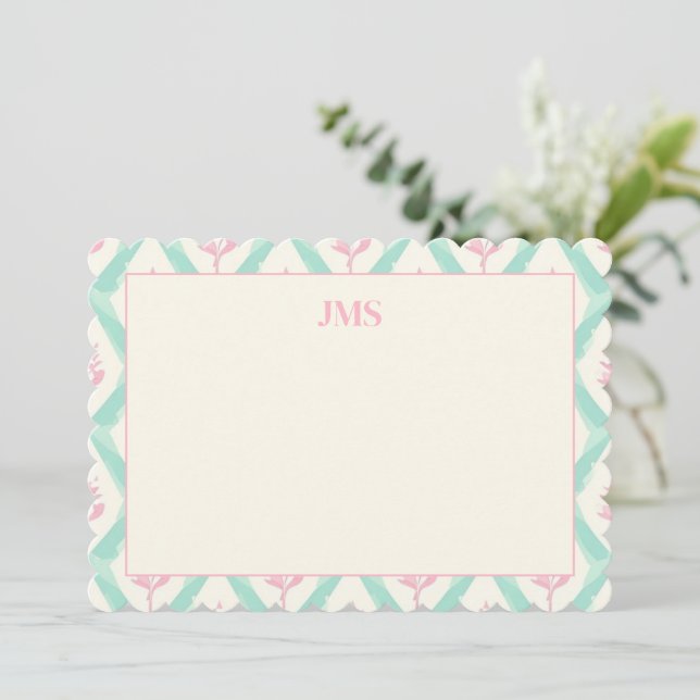 Chic Green Pattern Monogram Stationary Mitteilungskarte (Stehend Vorderseite)