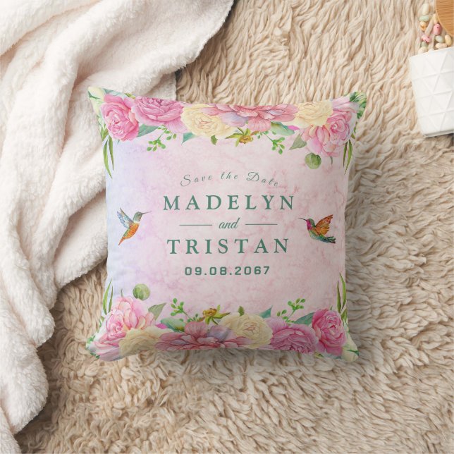 Chic Green & Pink Delikate Wasserfarbenflora Kissen (Decke)