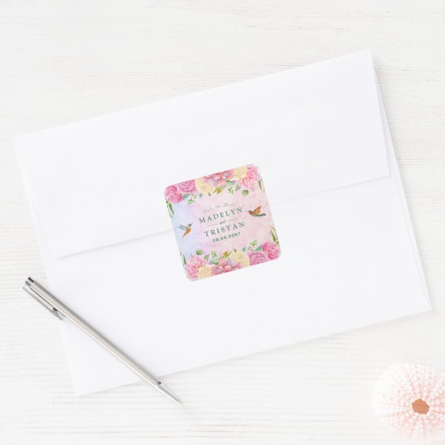 Chic Green & Pink Delikate Wasserfarbenflora Quadratischer Aufkleber (Umschlag)