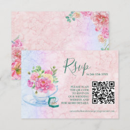 Chic Green & Pink Watercolor Floral Qr Code RSVP Karte