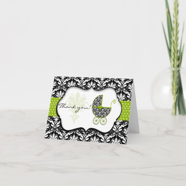 Chic Green Polka Dot Damask Baby shower Merci (Devant)