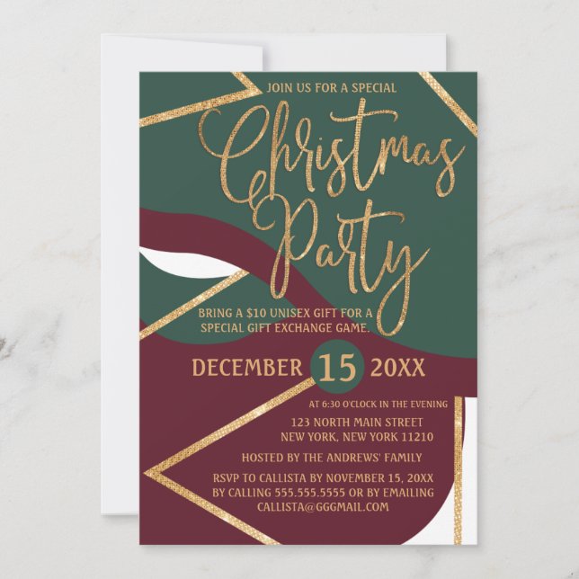 Chic Green Red Gold Glitzer Geo Party Einladung (Vorderseite)