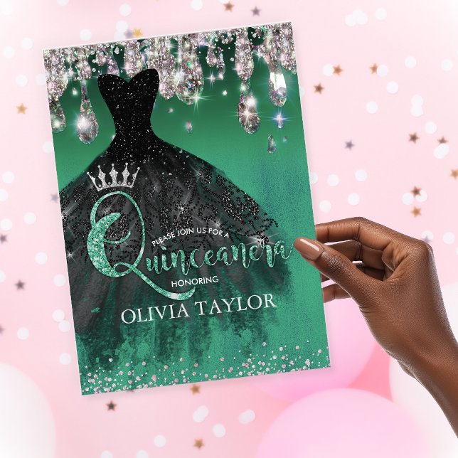 Chic green silber Glitzer Tropfen Quinceanera Einladung (Von Creator hochgeladen)