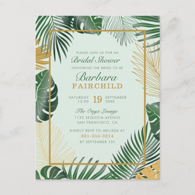 Chic Green Tropical Blätter Trendy Brautparty Einladungspostkarte (Vorderseite)
