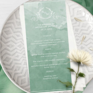 Chic Green Watercolor, Monogram Wedding Menu Menükarte