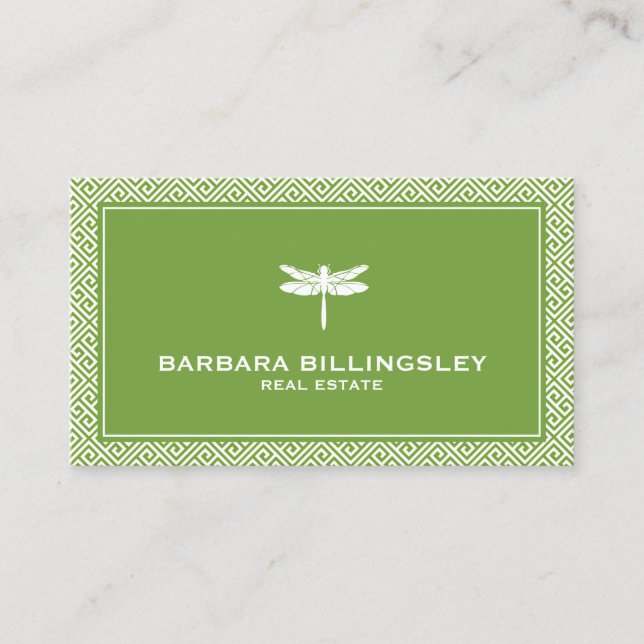 Chic Green/White Dragonfly Realtor, Designer Visitenkarte (Vorderseite)