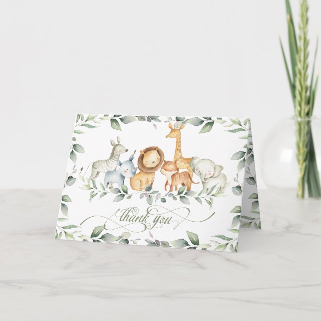 Chic Greenerenery Jungle Animals Baby Shower Gebur Dankeskarte (Vorderseite)