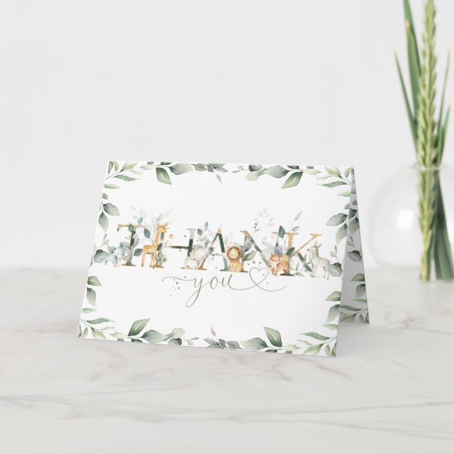 Chic Greenerenery Jungle Animals Baby Shower Gebur Dankeskarte (Vorderseite)