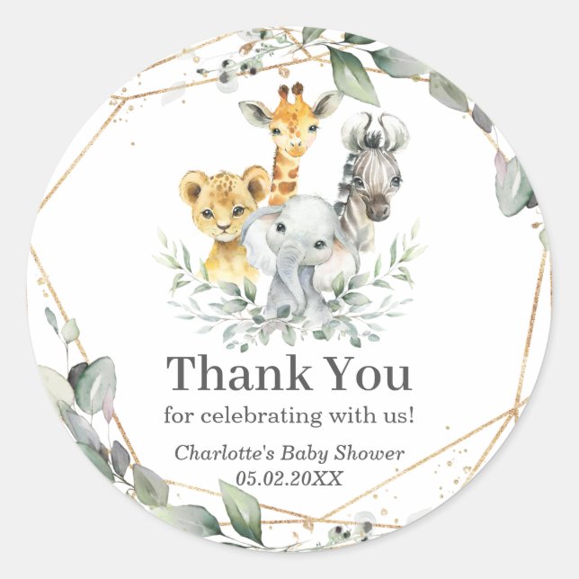 Chic Greenerenery Jungle Animals Baby Shower Gebur Runder Aufkleber (Vorderseite)